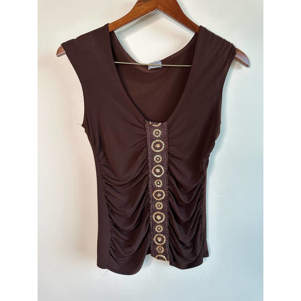 Vintage Y2K Venus Brown Sequin Ruched Stretchy Blouse Shirt Top - Picture 5 of 7